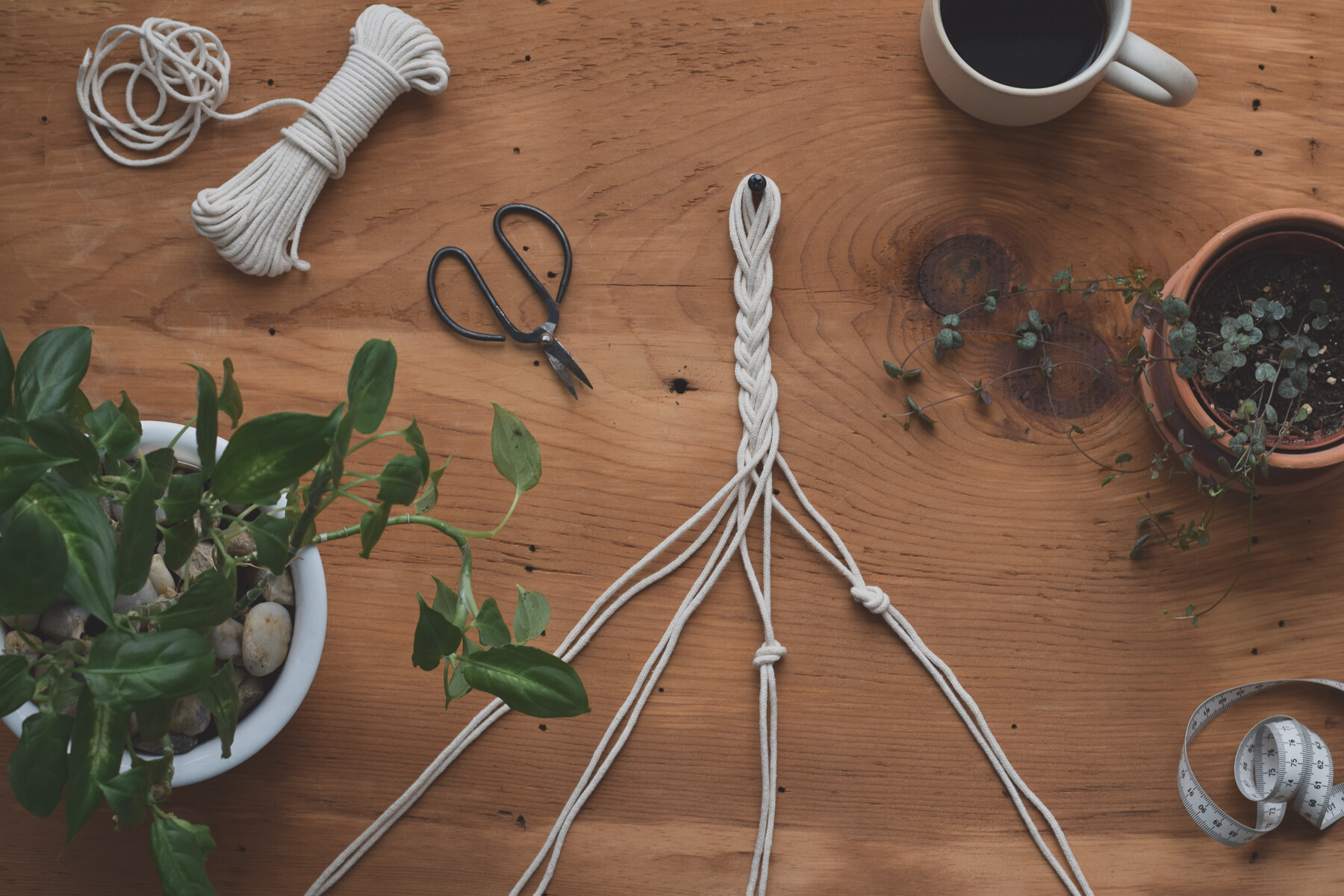 Top down View Process of Diy Making Macrame Plant Hanger
